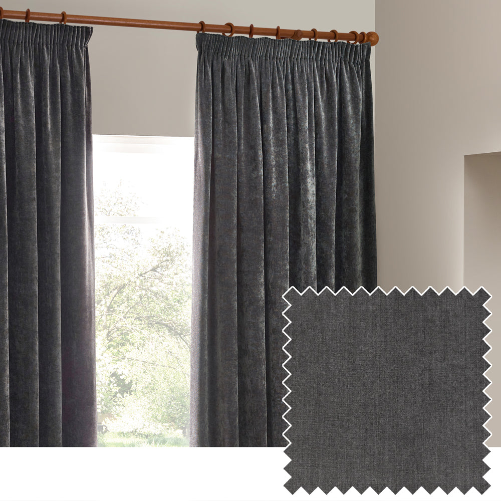 Heavy Chenille Fully Lined Velvet Pencil Pleat Curtains Charcoal