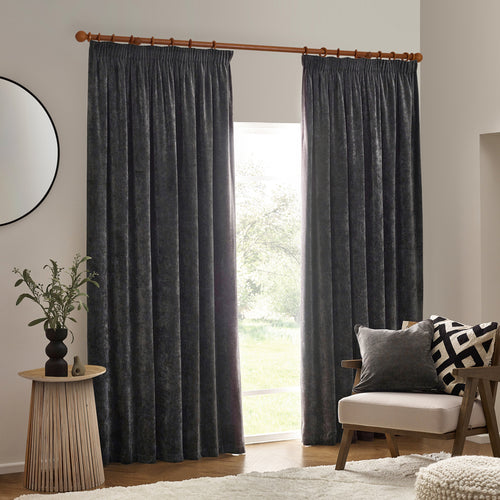 Plain Grey Curtains - Heavy Chenille Velvet Pencil Pleat Curtains Charcoal Yard