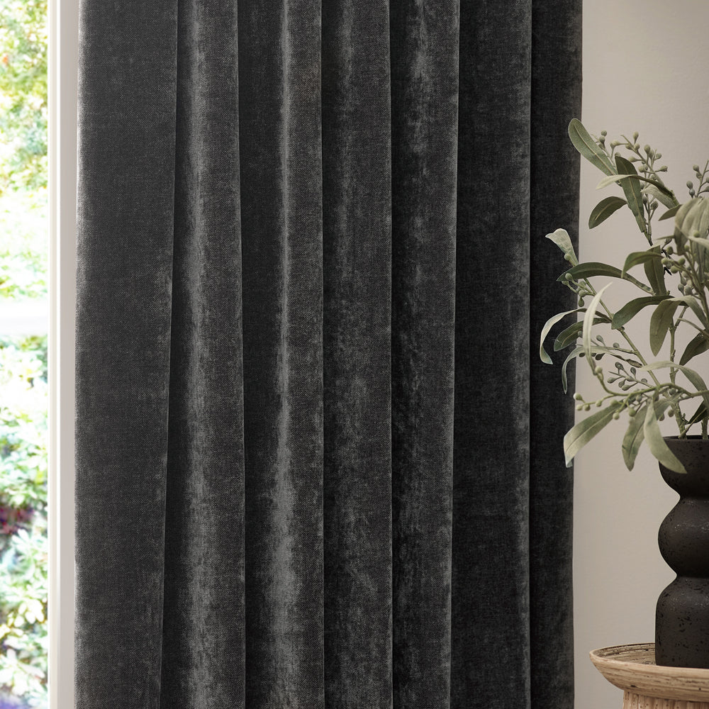Heavy Chenille Fully Lined Velvet Pencil Pleat Curtains Charcoal