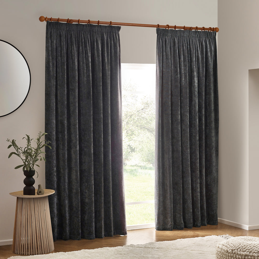 Heavy Chenille Fully Lined Velvet Pencil Pleat Curtains Charcoal