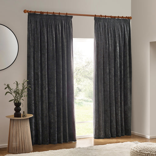 Plain Grey Curtains - Heavy Chenille Velvet Pencil Pleat Curtains Charcoal Yard