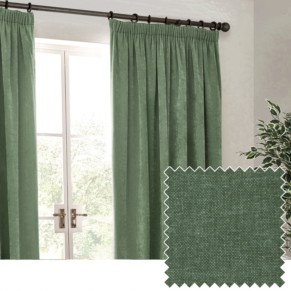 Heavy Chenille Fully Lined Velvet Pencil Pleat Curtains Eucalyptus
