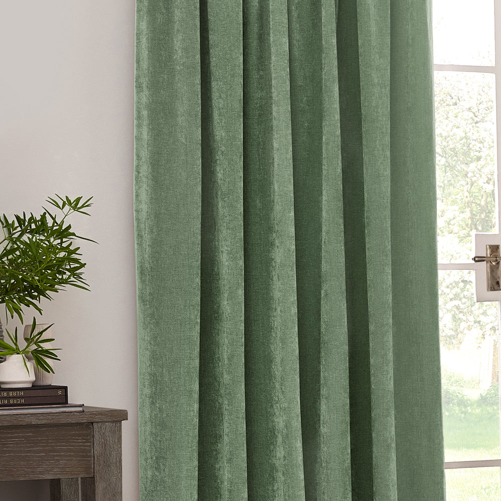 Heavy Chenille Fully Lined Velvet Pencil Pleat Curtains Eucalyptus