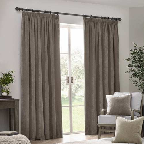 Plain Grey Curtains - Heavy Chenille Velvet Pencil Pleat Curtains Greige Yard