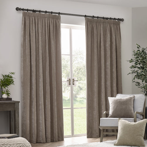 Heavy Chenille Fully Lined Velvet Pencil Pleat Curtains Greige