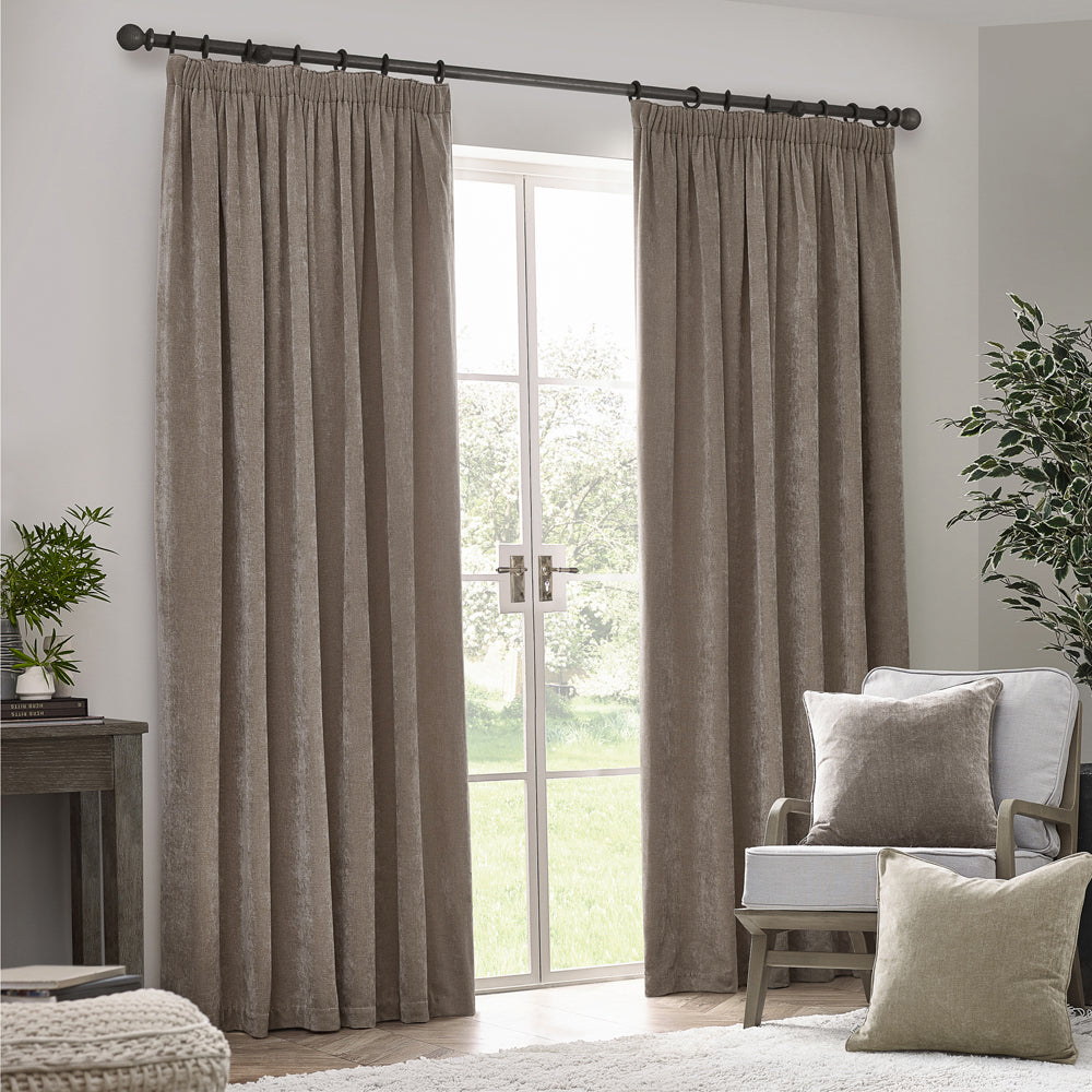 Heavy Chenille Fully Lined Velvet Pencil Pleat Curtains Greige