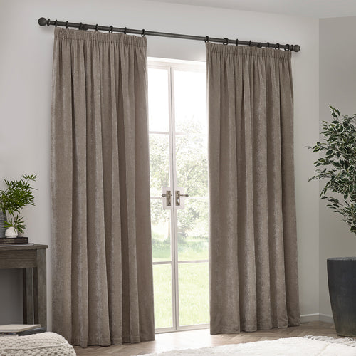 Heavy Chenille Fully Lined Velvet Pencil Pleat Curtains Greige