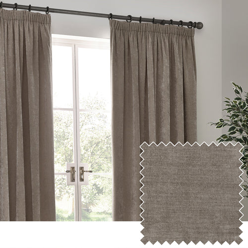 Heavy Chenille Fully Lined Velvet Pencil Pleat Curtains Greige