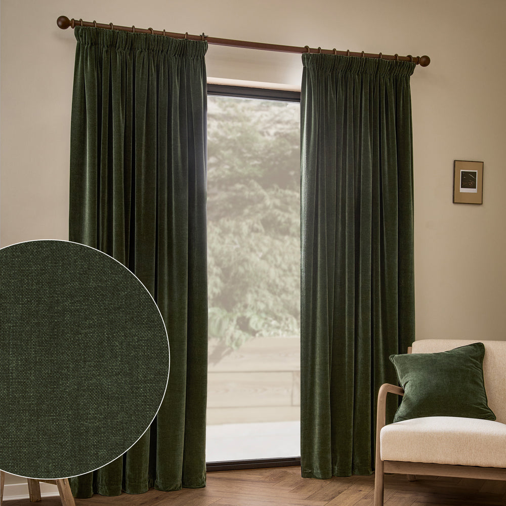 Plain Green Curtains - Heavy Chenille Fully Lined Velvet Pencil Pleat Curtains Lichen Yard