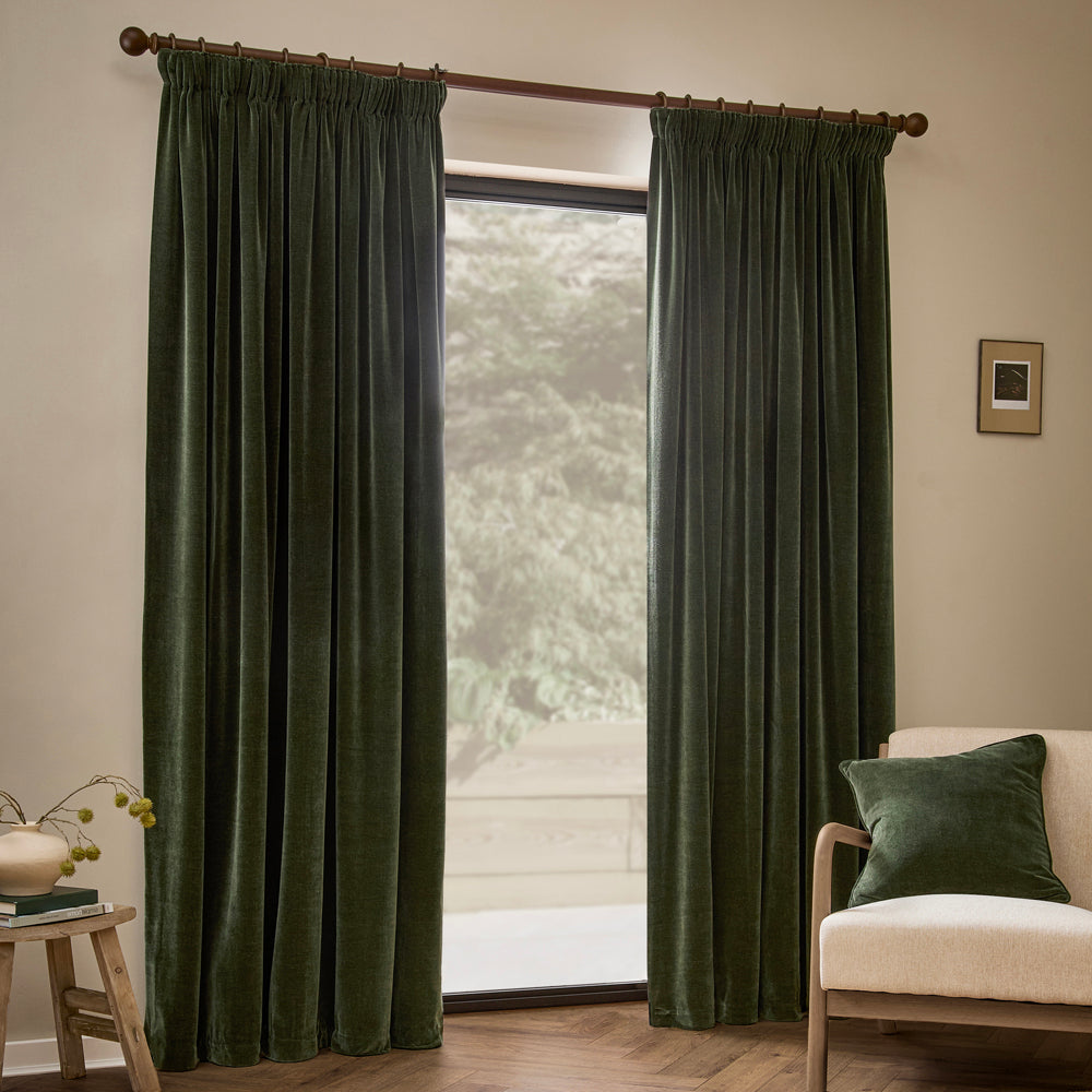 Heavy Chenille Fully Lined Velvet Pencil Pleat Curtains Lichen