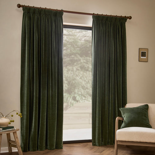 Heavy Chenille Fully Lined Velvet Pencil Pleat Curtains Lichen