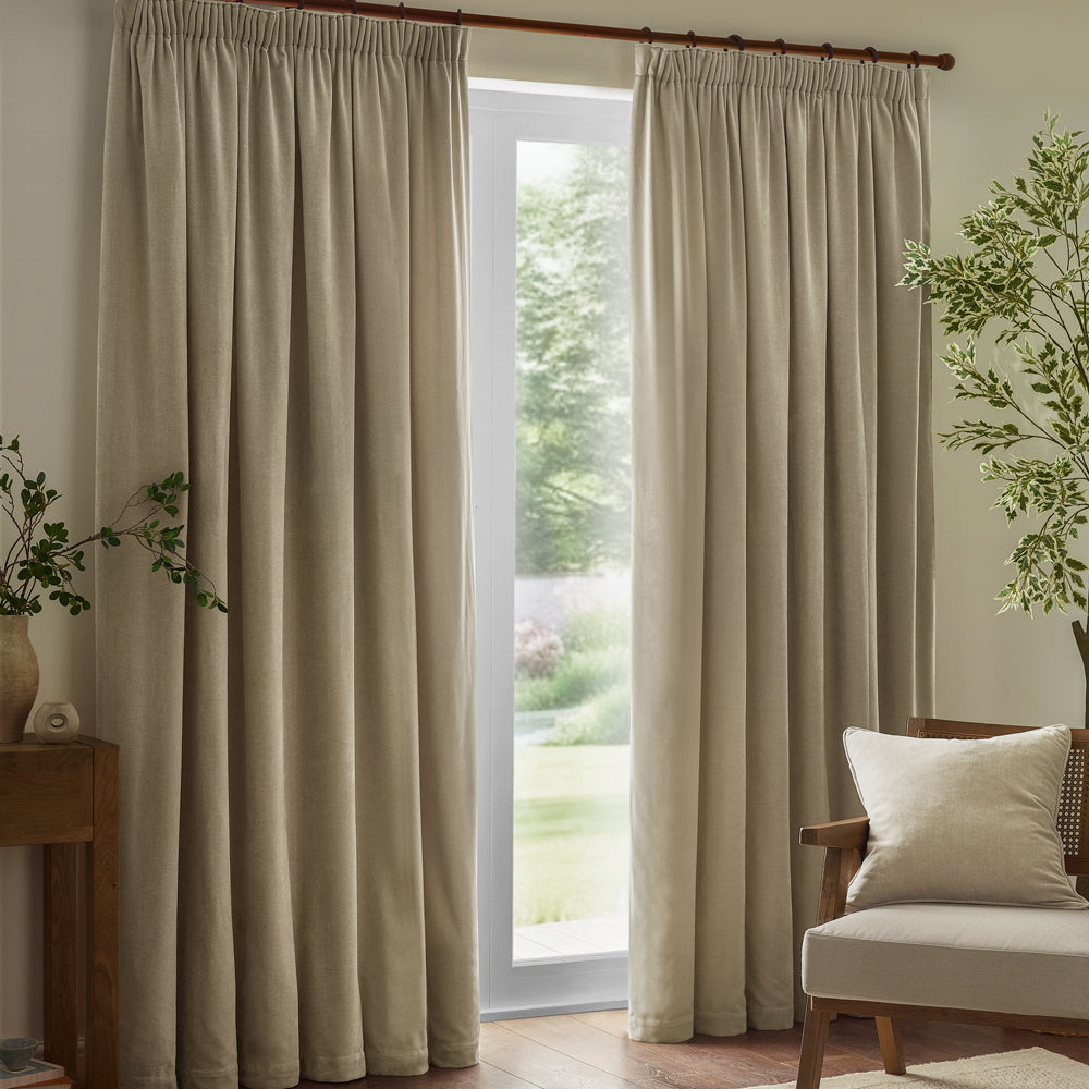 Plain Beige Curtains  - Heavy Chenille Fully Lined Velvet Pencil Pleat Curtains Linen Yard
