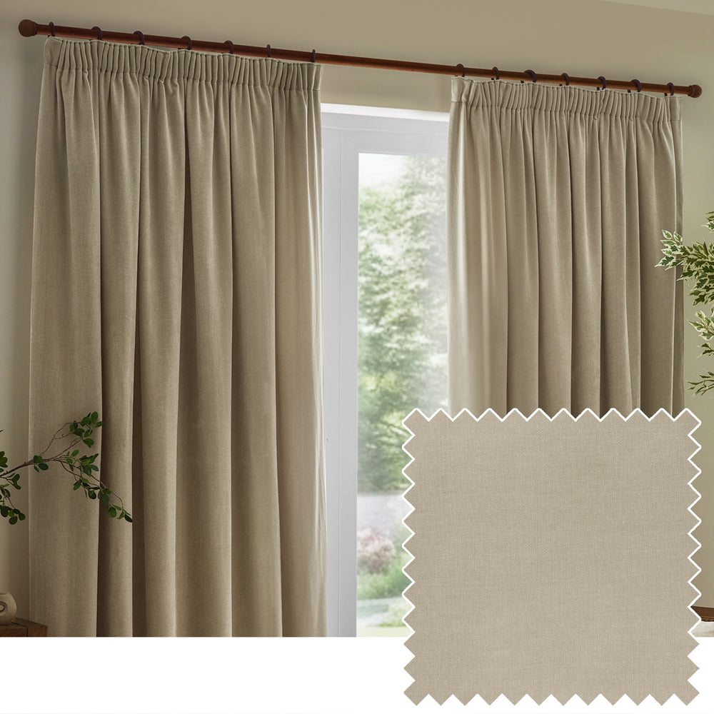 Heavy Chenille Fully Lined Velvet Pencil Pleat Curtains Linen