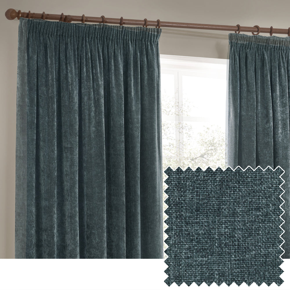 Heavy Chenille Fully Lined Velvet Pencil Pleat Curtains Marine