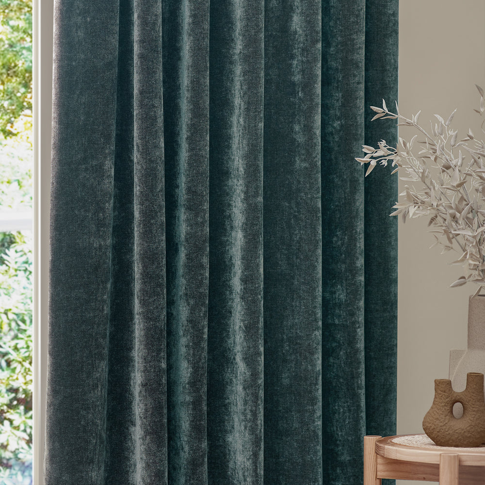 Heavy Chenille Fully Lined Velvet Pencil Pleat Curtains Marine