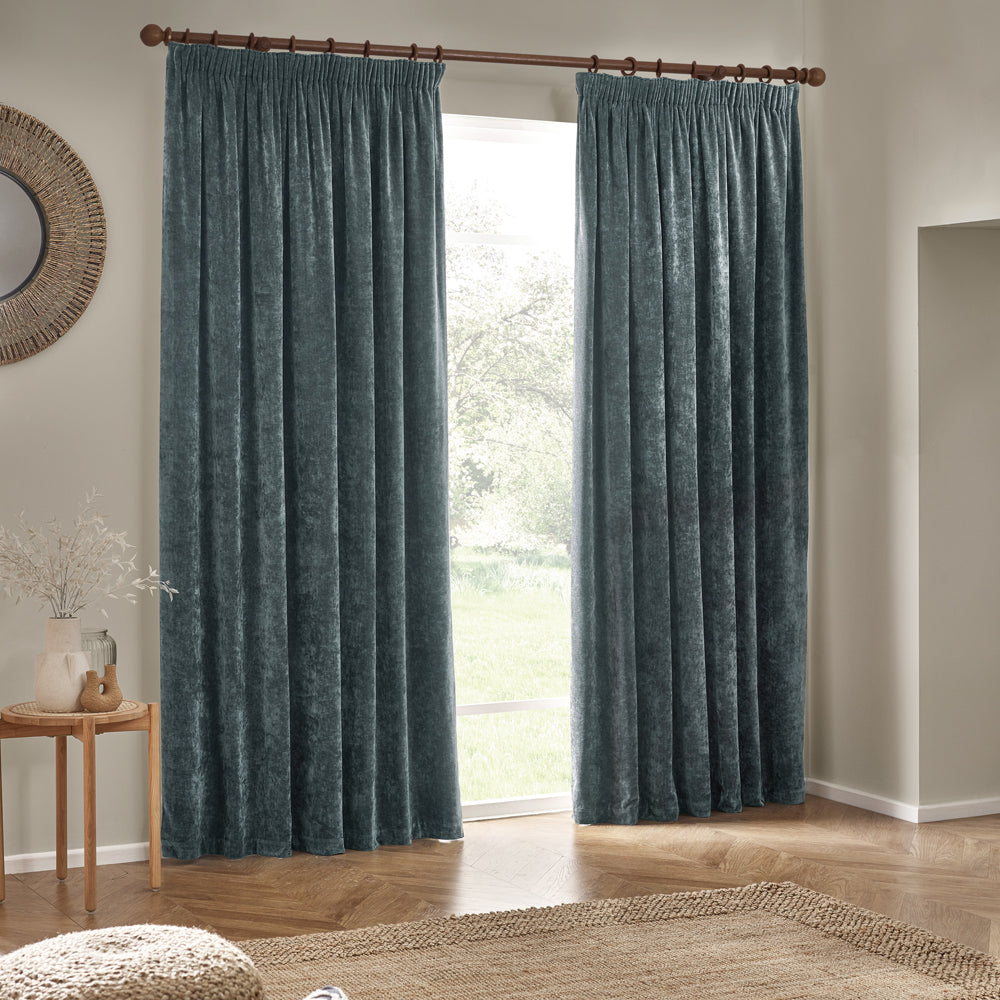 Heavy Chenille Fully Lined Velvet Pencil Pleat Curtains Marine