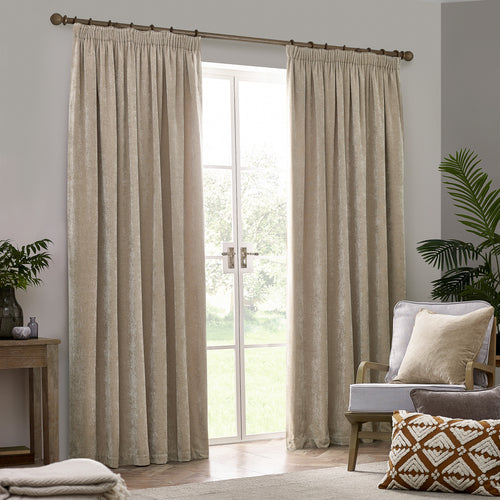 Heavy Chenille Fully Lined Velvet Pencil Pleat Curtains Natural