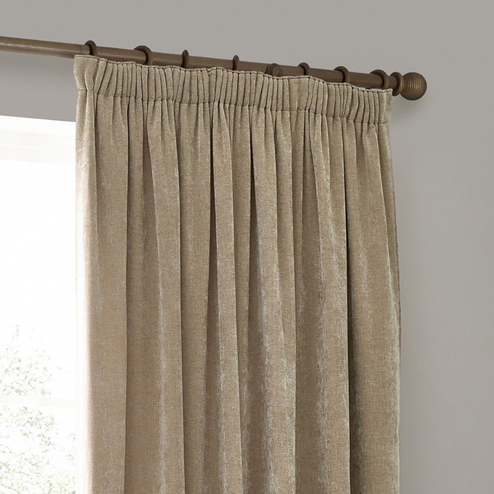 Heavy Chenille Fully Lined Velvet Pencil Pleat Curtains Natural