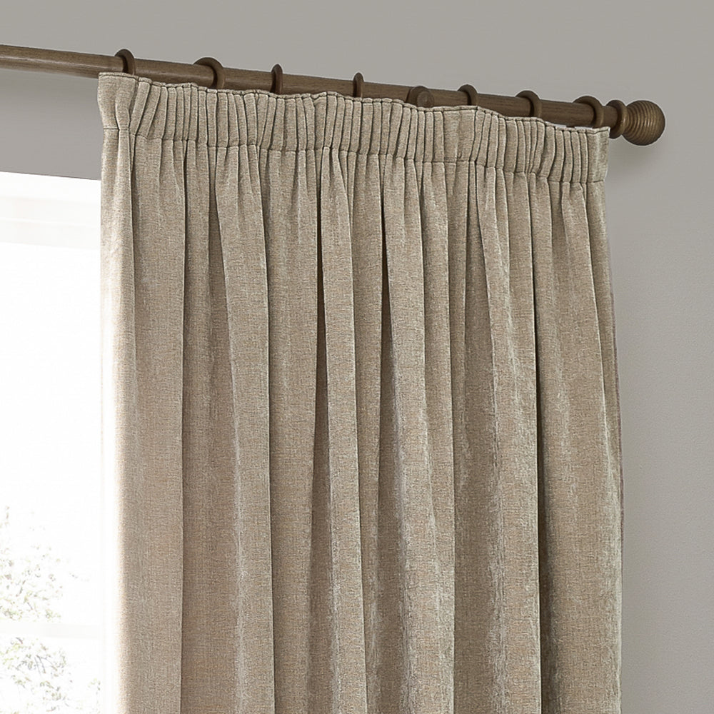 Heavy Chenille Fully Lined Velvet Pencil Pleat Curtains Natural