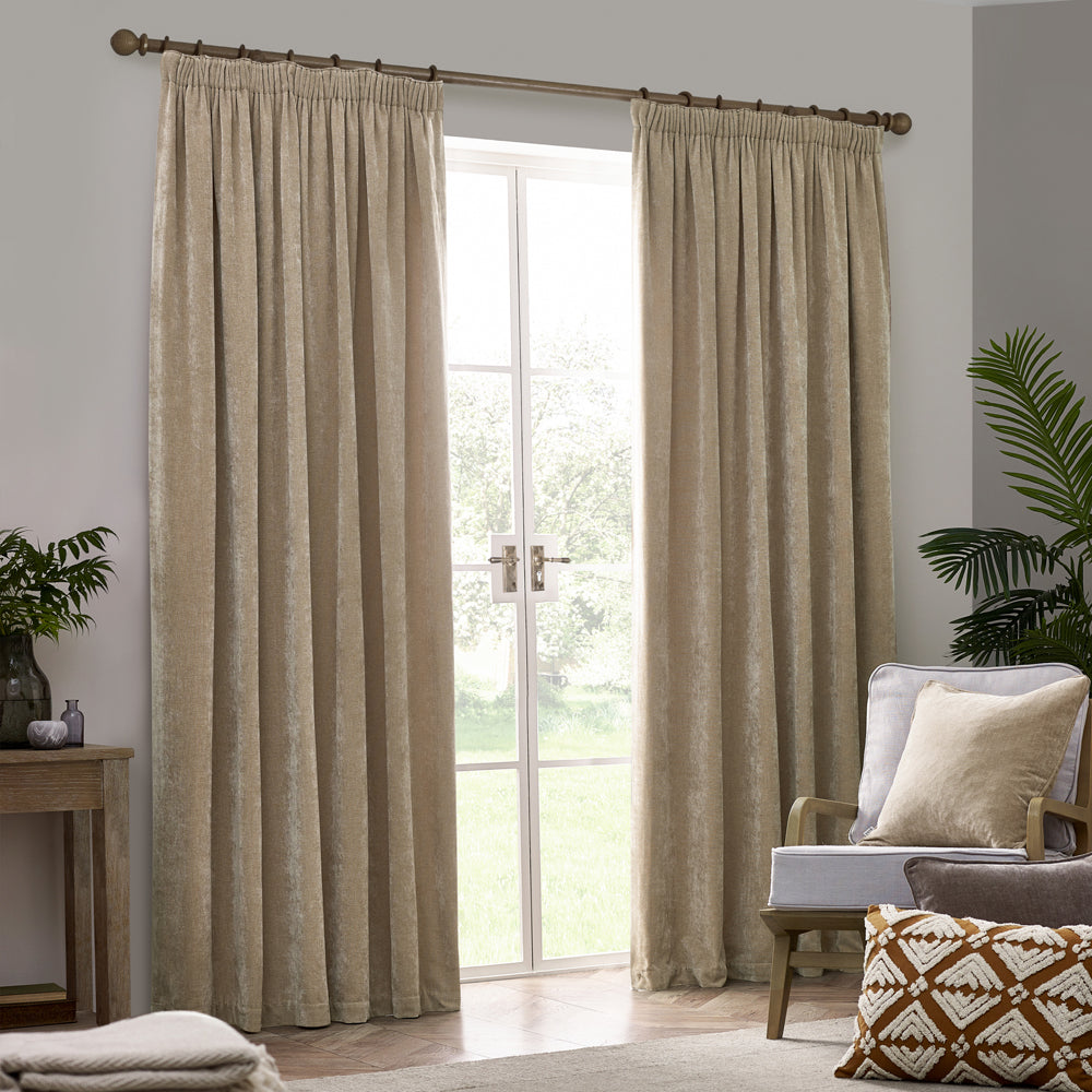Heavy Chenille Fully Lined Velvet Pencil Pleat Curtains Natural