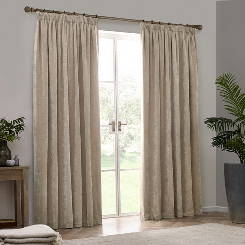 Heavy Chenille Fully Lined Velvet Pencil Pleat Curtains Natural