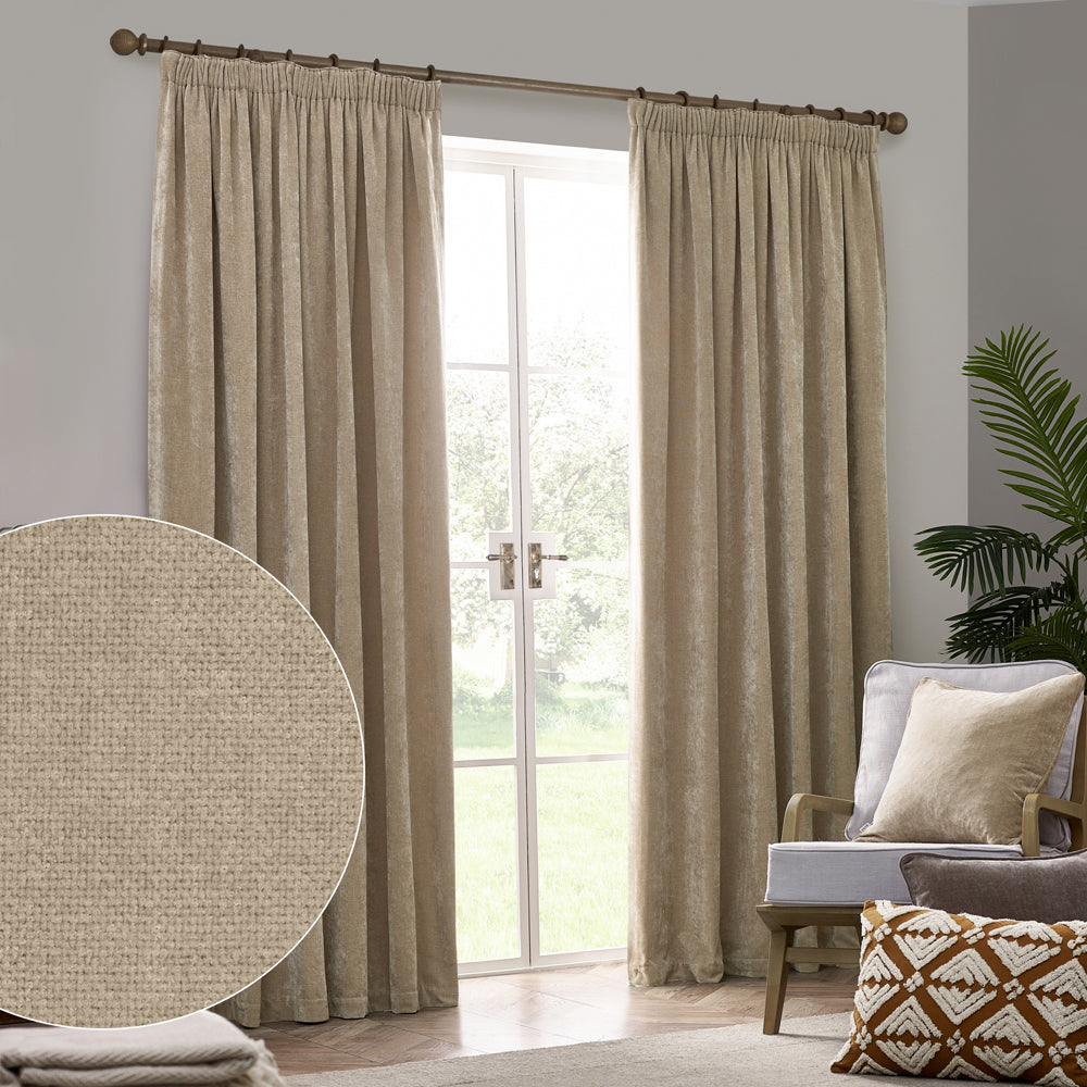 Plain Beige Curtains - Heavy Chenille Fully Lined Velvet Pencil Pleat Curtains Natural Yard