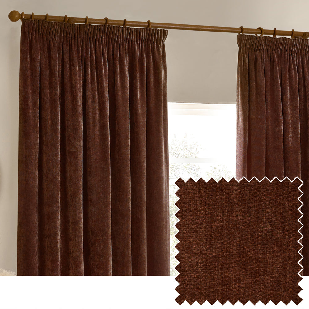 Heavy Chenille Fully Lined Velvet Pencil Pleat Curtains Nutmeg