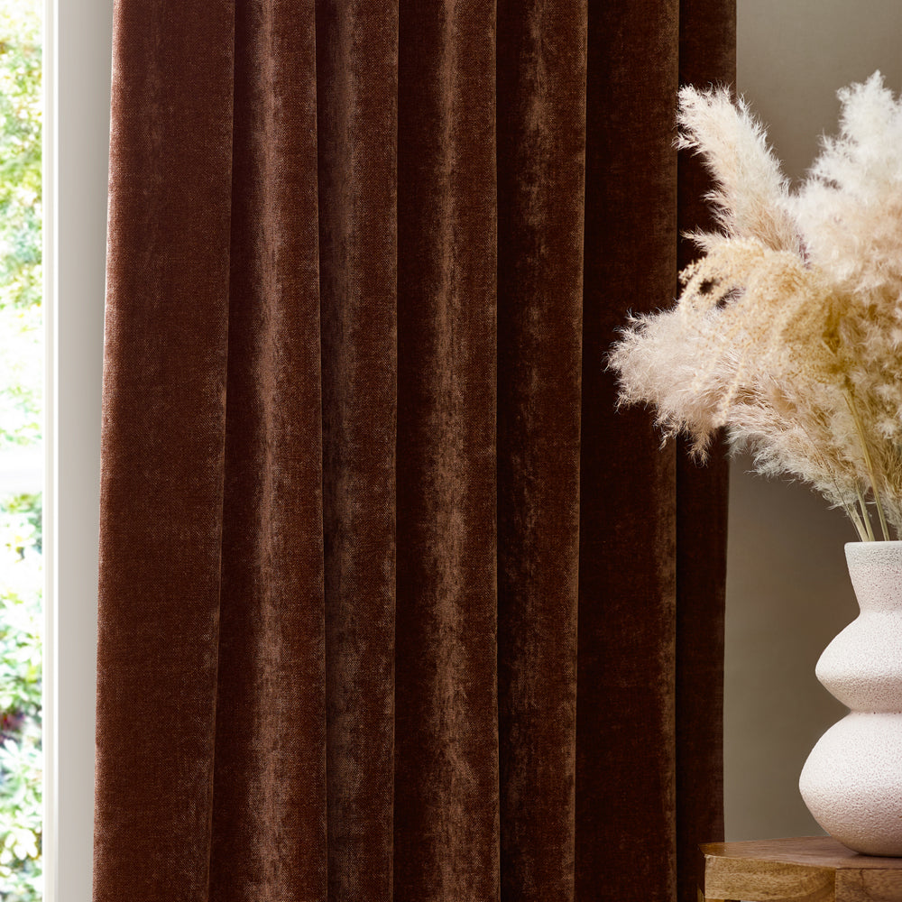 Heavy Chenille Fully Lined Velvet Pencil Pleat Curtains Nutmeg