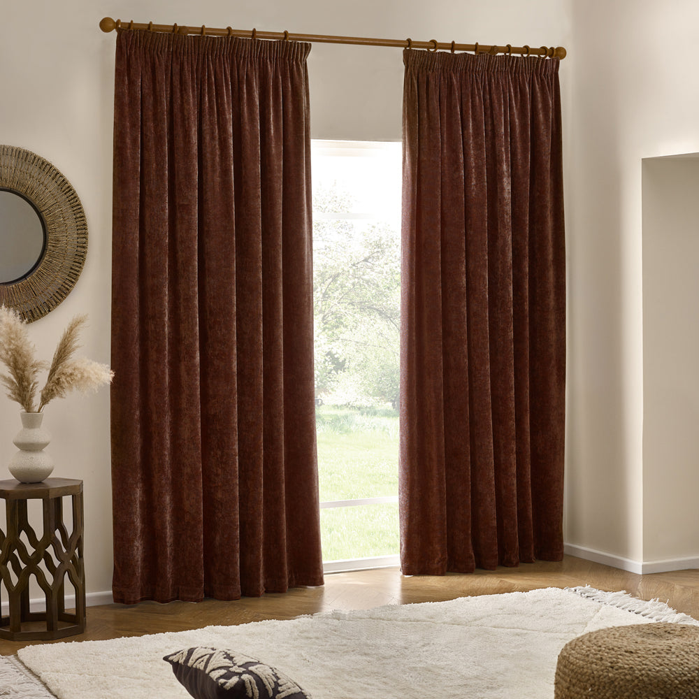 Heavy Chenille Fully Lined Velvet Pencil Pleat Curtains Nutmeg
