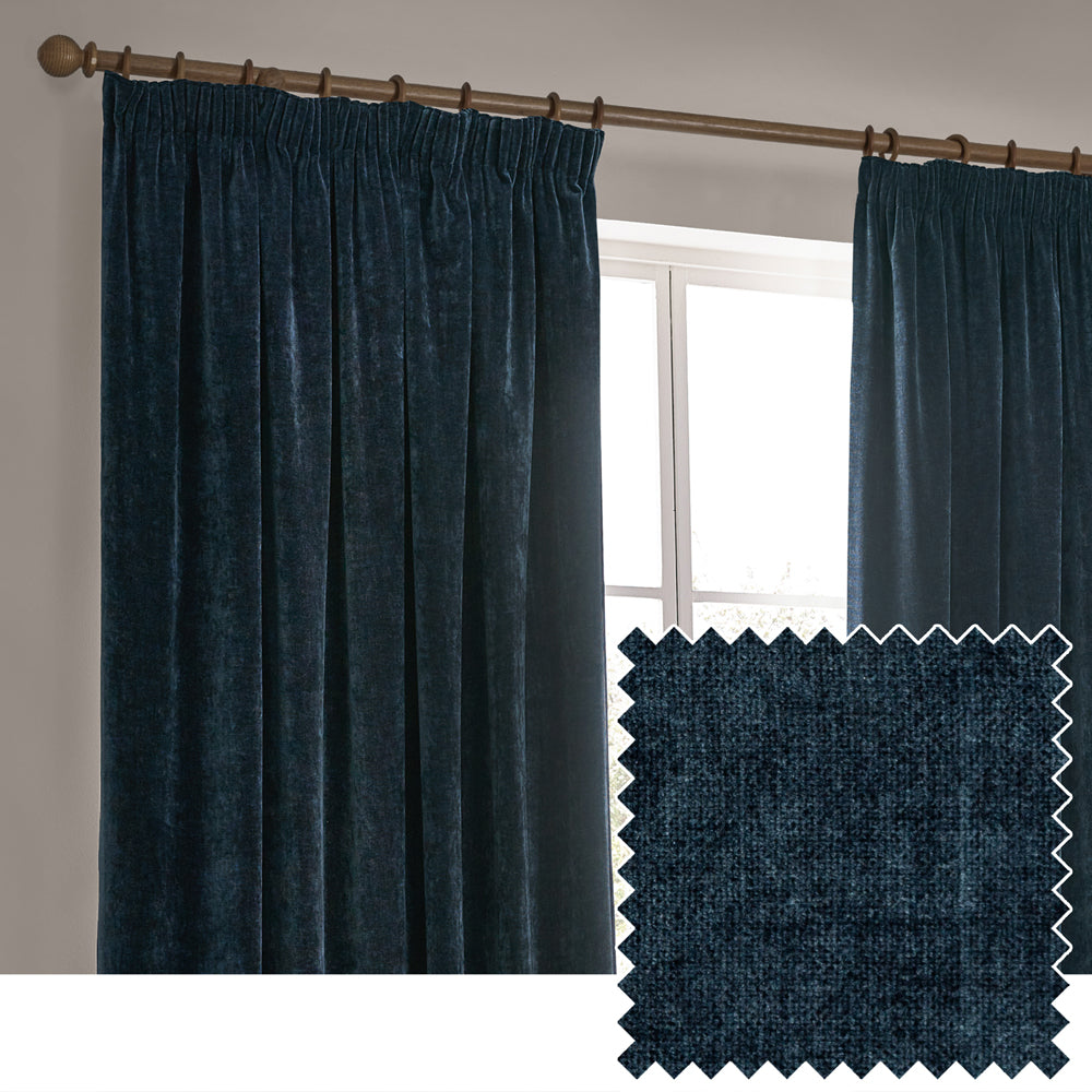 Heavy Chenille Fully Lined Velvet Pencil Pleat Curtains Navy