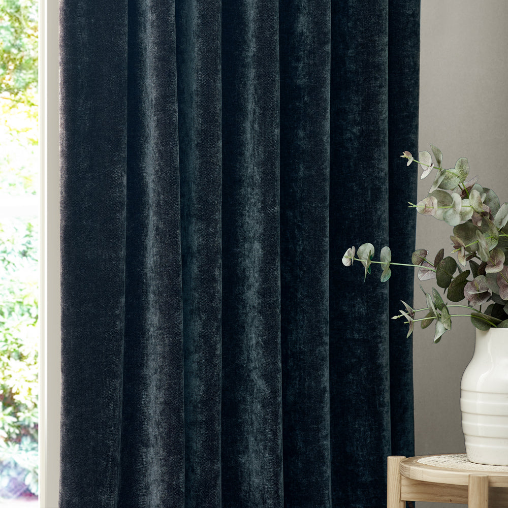 Heavy Chenille Fully Lined Velvet Pencil Pleat Curtains Navy