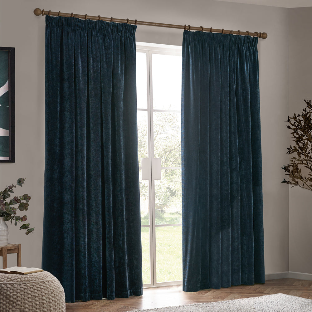 Heavy Chenille Fully Lined Velvet Pencil Pleat Curtains Navy