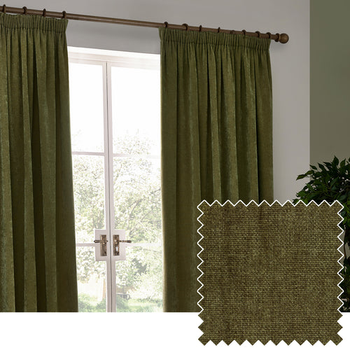 Plain Green Curtains - Heavy Chenille Velvet Pencil Pleat Curtains Olive Yard