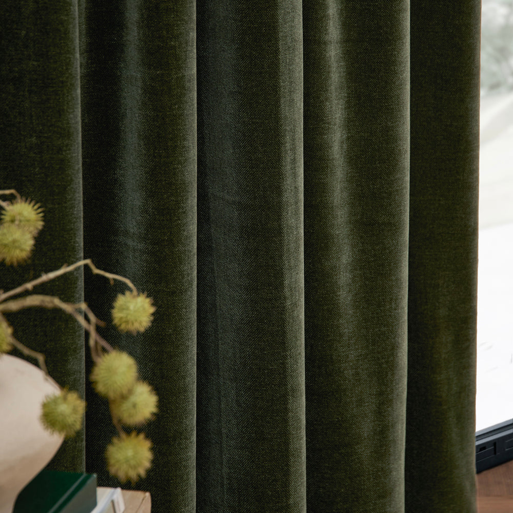 Heavy Chenille Fully Lined Velvet Pencil Pleat Curtains Lichen