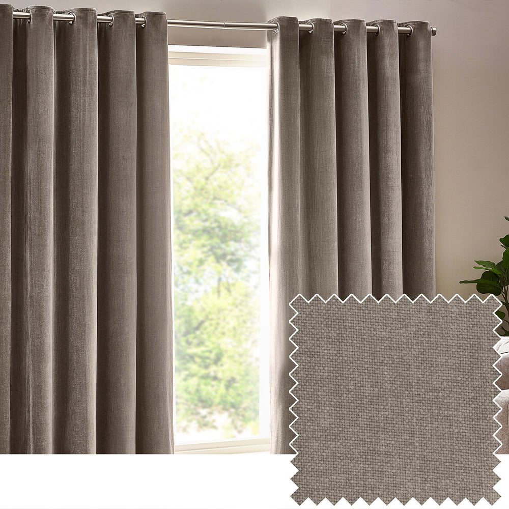 Heavy Chenille Fully Lined Velvet Eyelet Curtains Greige
