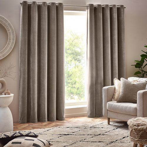 Heavy Chenille Fully Lined Velvet Eyelet Curtains Greige