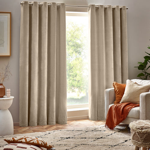 Heavy Chenille Fully Lined Velvet Eyelet Curtains Natural