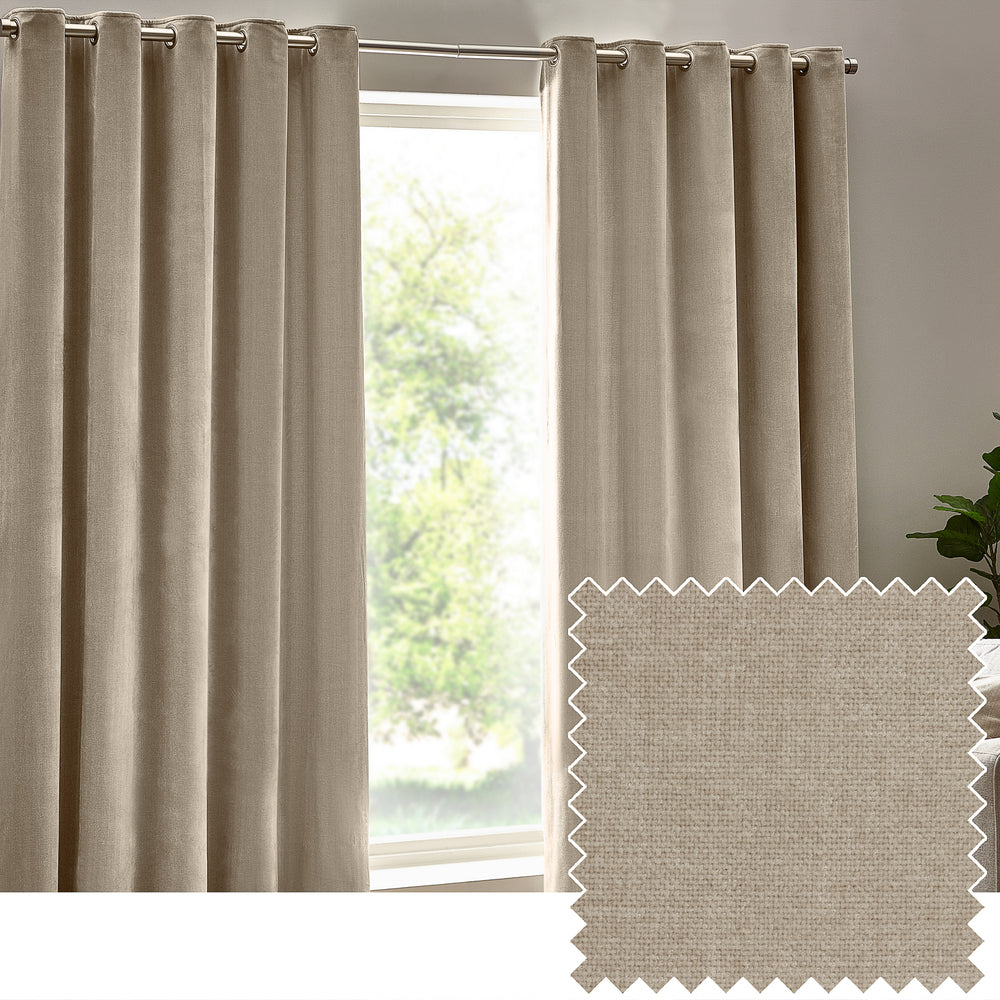 Heavy Chenille Fully Lined Velvet Eyelet Curtains Natural
