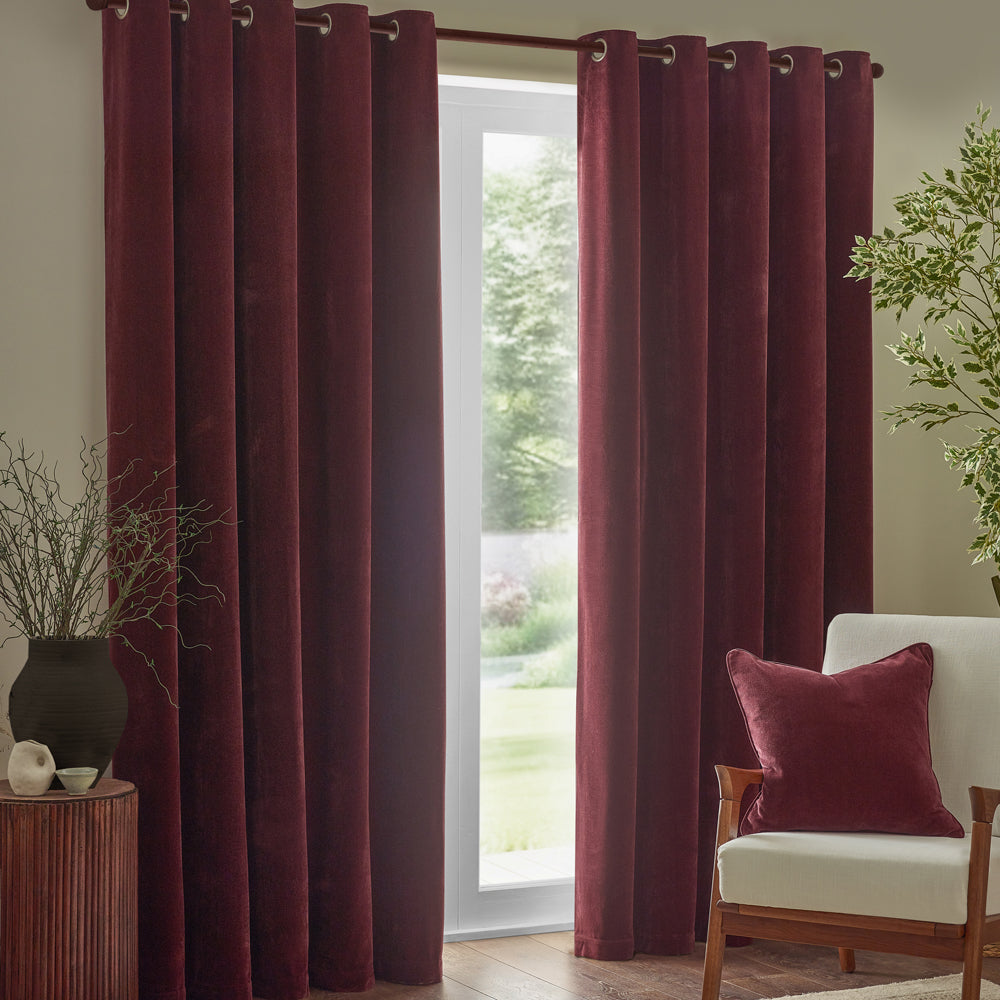 Plain Red Curtains  - Heavy Chenille Fully Lined Velvet Eyelet Curtains Beetroot Yard