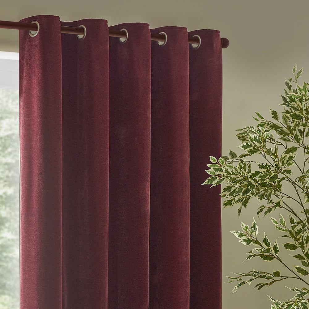 Heavy Chenille Fully Lined Velvet Eyelet Curtains Beetroot