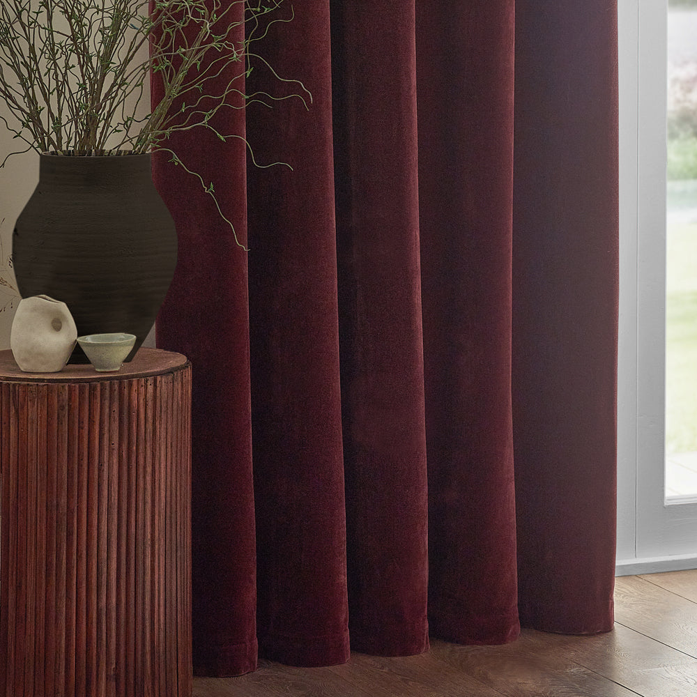 Heavy Chenille Fully Lined Velvet Eyelet Curtains Beetroot