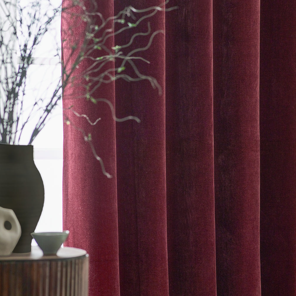 Heavy Chenille Fully Lined Velvet Eyelet Curtains Beetroot
