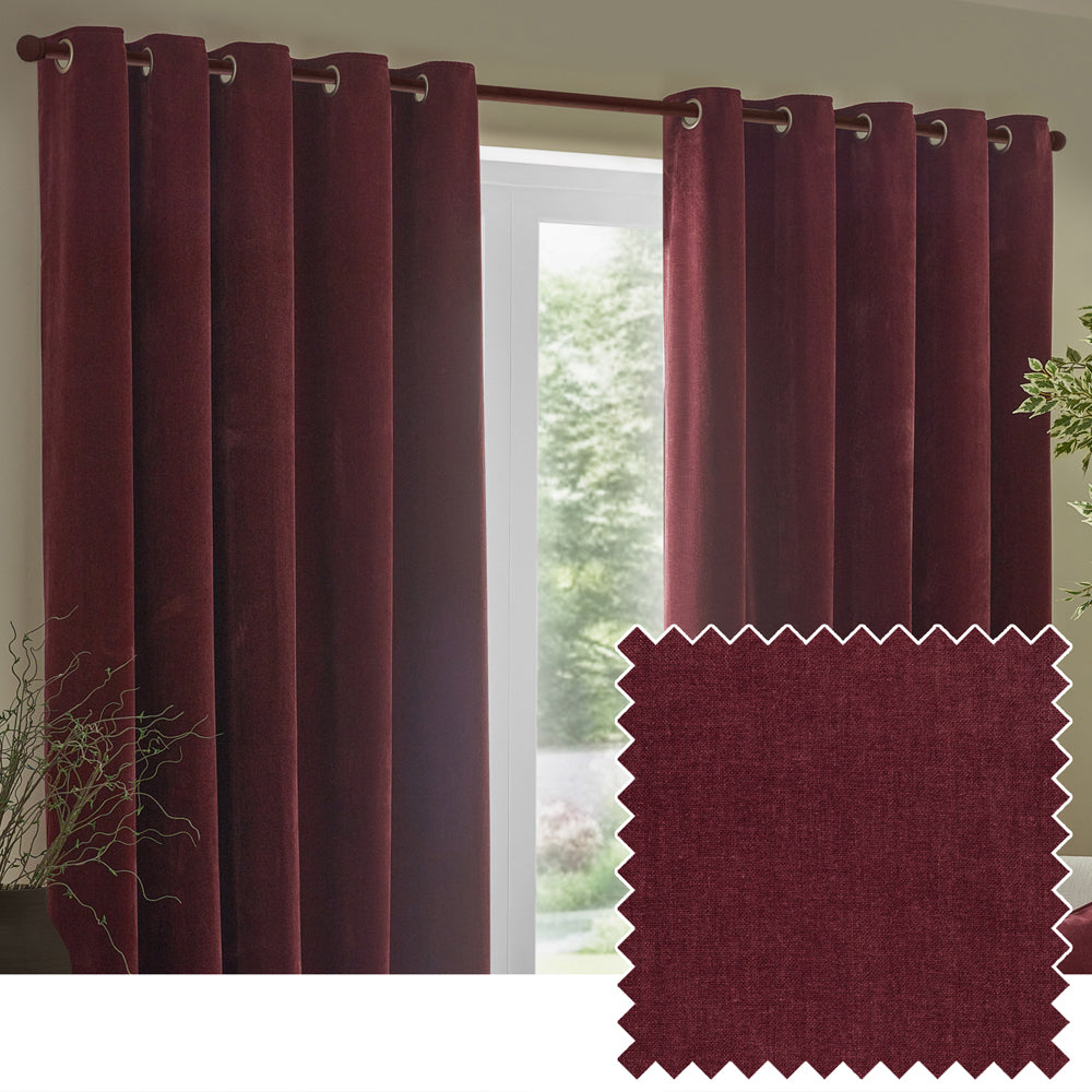 Heavy Chenille Fully Lined Velvet Eyelet Curtains Beetroot