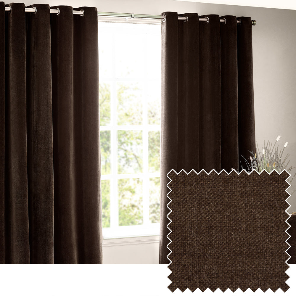 Heavy Chenille Fully Lined Velvet Eyelet Curtains Brown