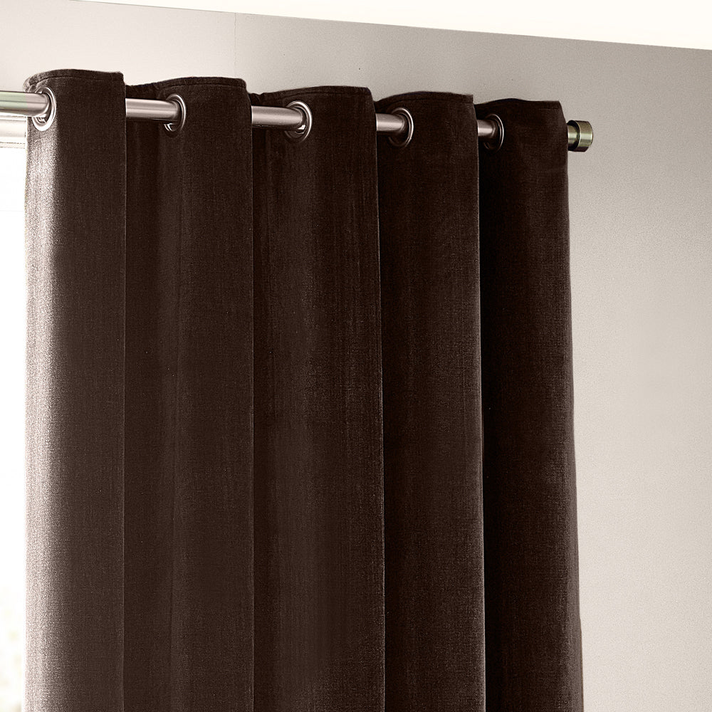 Heavy Chenille Fully Lined Velvet Eyelet Curtains Brown