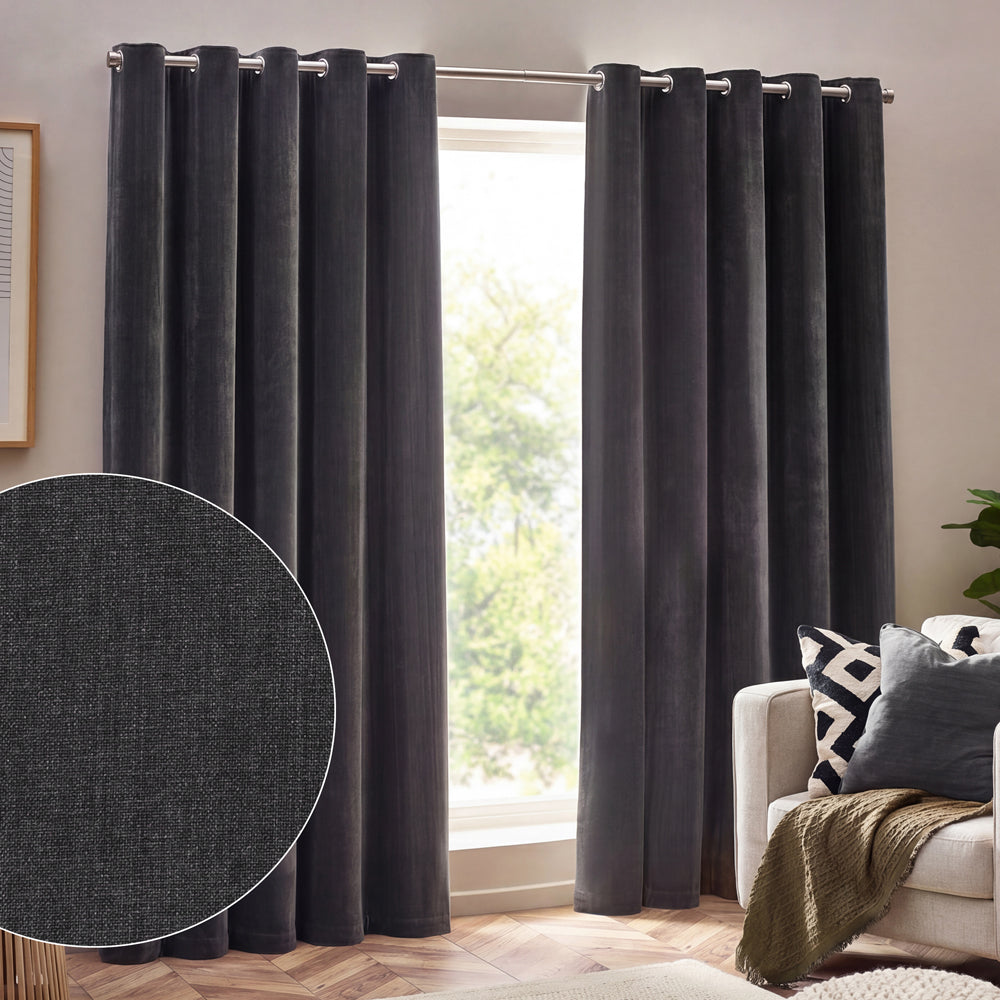 Heavy Chenille Fully Lined Velvet Eyelet Curtains Charcoal
