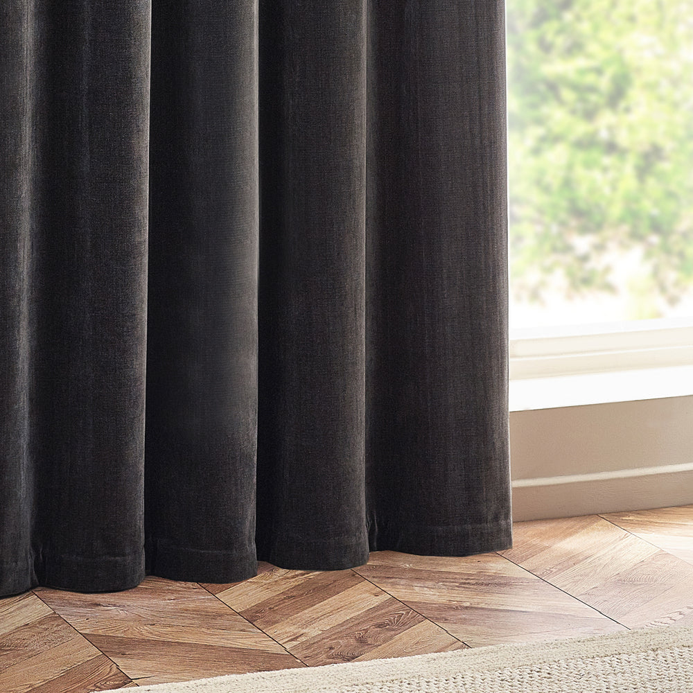 Heavy Chenille Fully Lined Velvet Eyelet Curtains Charcoal