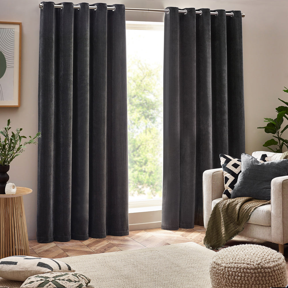 Heavy Chenille Fully Lined Velvet Eyelet Curtains Charcoal