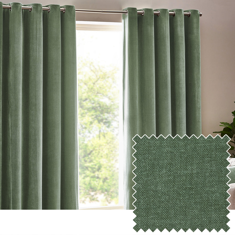 Heavy Chenille Fully Lined Velvet Eyelet Curtains Eucalyptus