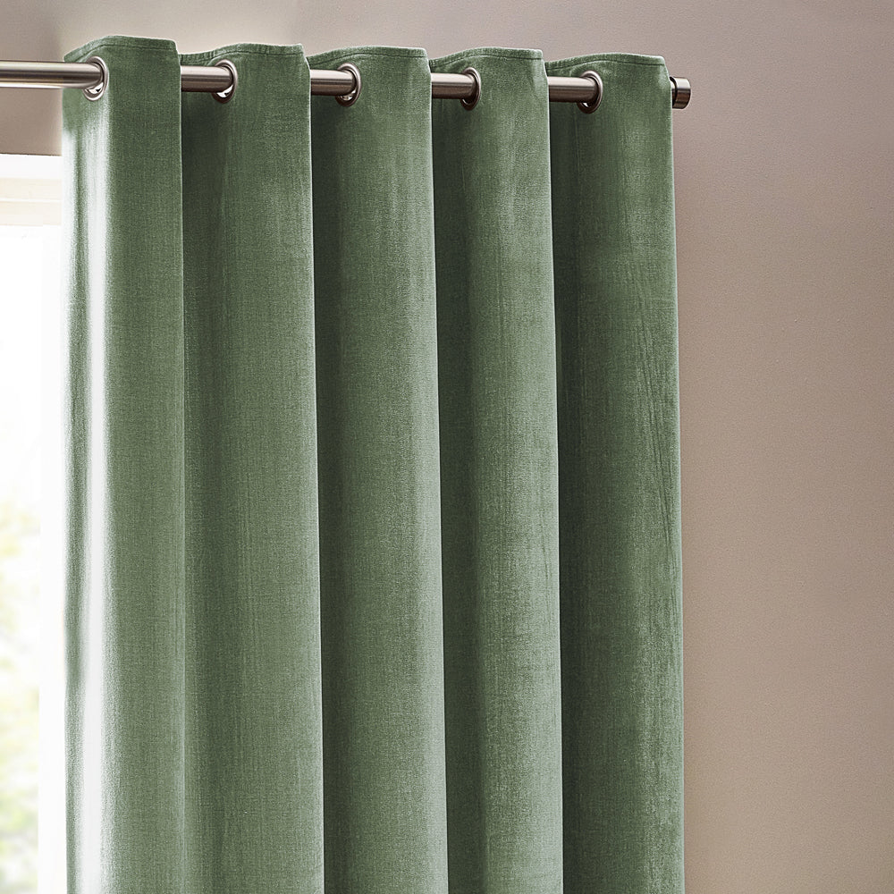 Heavy Chenille Fully Lined Velvet Eyelet Curtains Eucalyptus